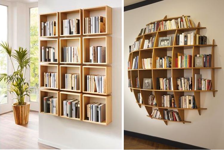 na esquerda estante quadrada com vários livros e na direita estante redonda com vários livros 