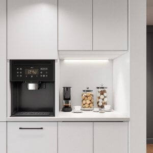balcao com cafeteira biscoitos xicaras ambiente moderno e bem iluminado nao tao colorido