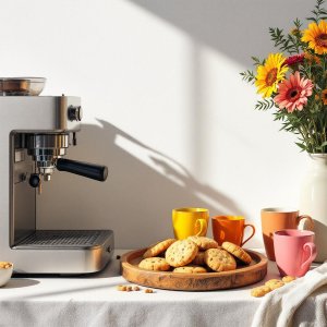 balcao com cafeteira e biscoito e xicaras 1