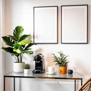 um cantinho do cafe aconchegante com planta quadros 2