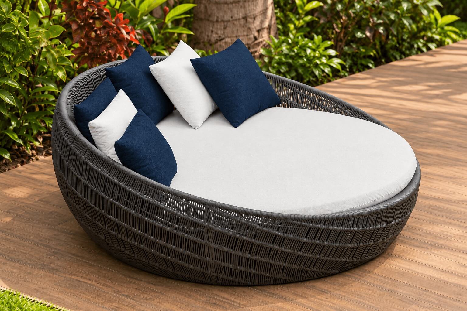 Novo luxo no mercado imobiliário: experiência e bem-estar 4 Chaise Área Externa Cassis redonda em corda naval cinza, com almofadas azuis e brancas, em jardim com deck de madeira