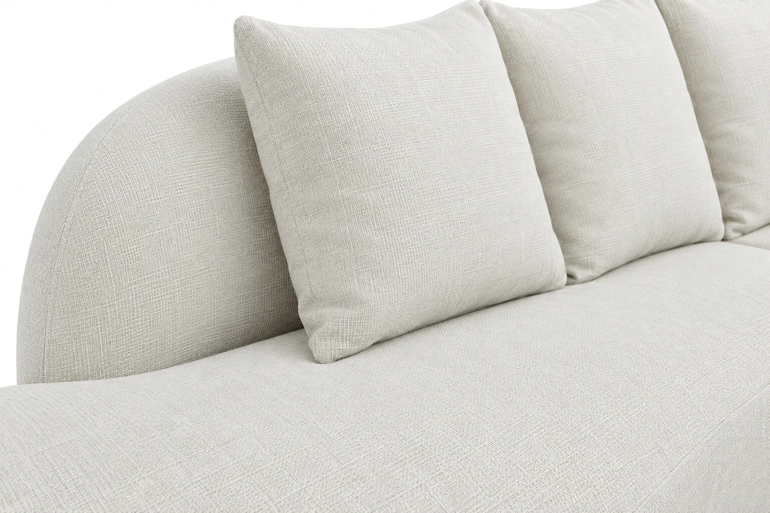 Manutenção de móveis: como cuidar de cada material 4 Detalhe da textura de tecido com toque de linho em sofá curvo off white, com almofadas