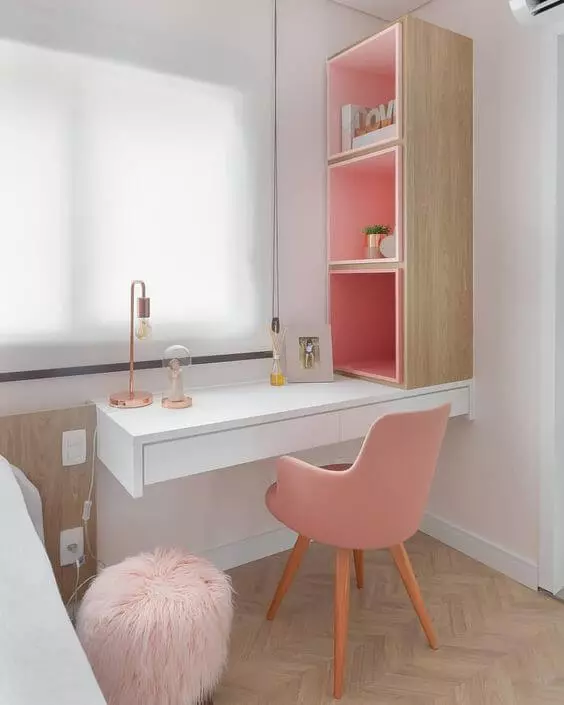 home office quarto de solteiro rosa