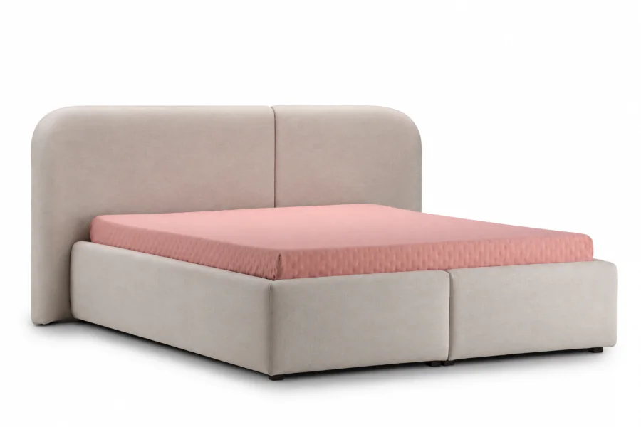 Cama Queen Size Alméa com uma cabeceira, base revestida em tecido tramado Greige e design contemporâneo.
