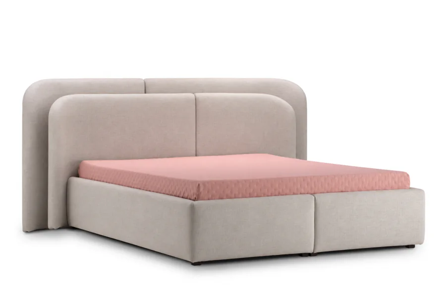 Cama Queen Size Alméa Cama Queen Size Alméa estofada em tecido tramado Greige, com cabeceira de painéis sobrepostos e cantos arredondados e base estofada em design contemporâneo.