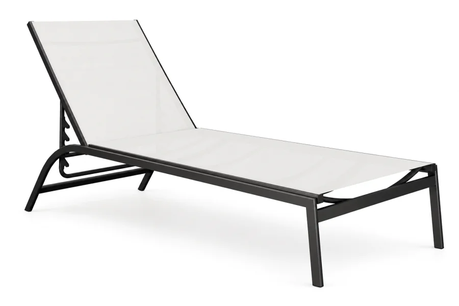 Espreguiçadeira Área Externa Vêneto com estrutura em alumínio Preto Fosco, assento e encosto reclinável em Tela Sling Branco, design contemporâneo e minimalista.