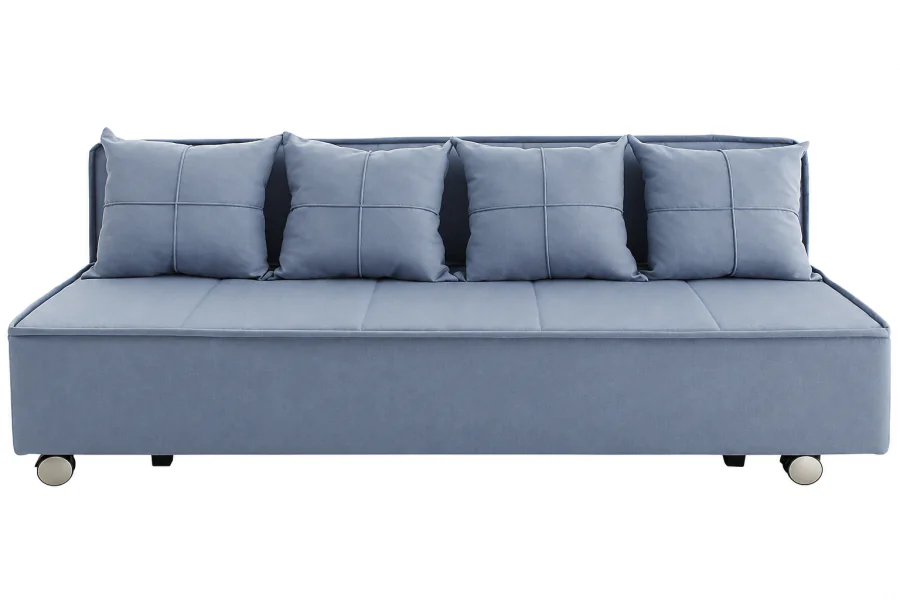 Sofá Cama Jéssia (2) Sofá Cama Jéssia em tecido de toque macio azul, com quatro almofadas decorativas, assento amplo e design contemporâneo.