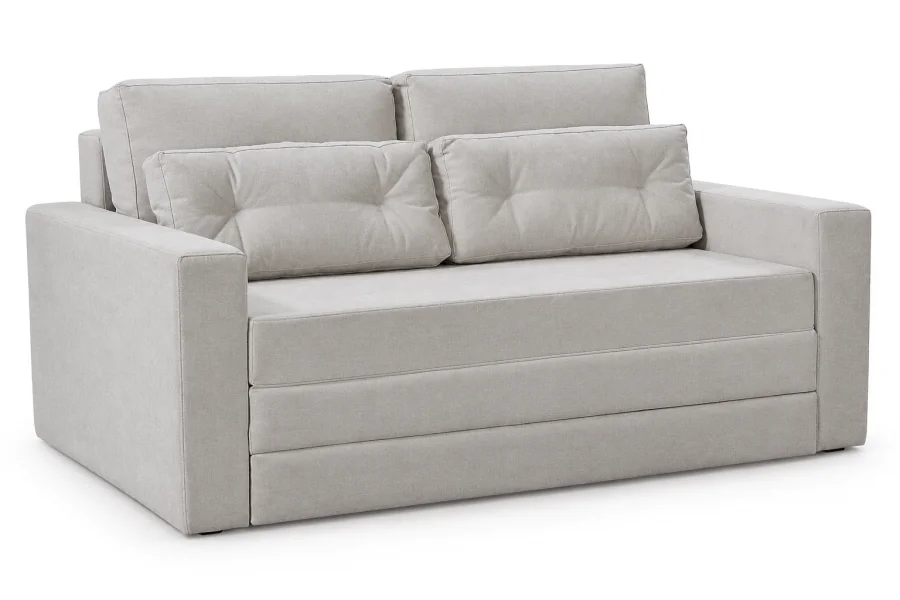 Sofá Cama Murzi (2) Sofá Cama Murzi em tecido com toque de linho cinza, com almofadas soltas no encosto e design contemporâneo