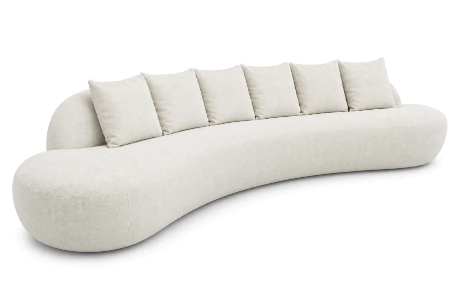 Sofá Curvo Orgânico Auren inteiro em tecido com toque de linho Off White, com formato curvo e almofadas soltas