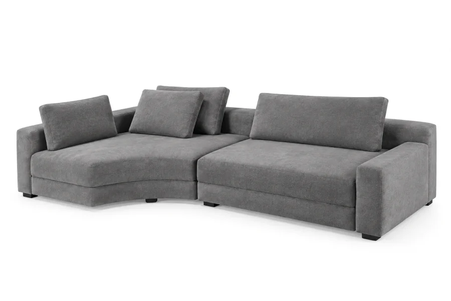 Sofá Modular com Chaise Módena em tecido Cinza, com chaise, assentos amplos e almofadas de encosto soltas