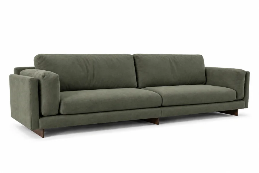Sofá Nácar em tecido de toque em suede Verde Oliva, com assento e encosto soltos, braços retos e base de madeira pintada.
