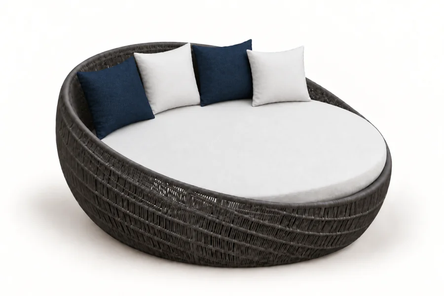 Chaise Área Externa Cassis oval com estrutura Chumbo, revestimento em corda naval Cinza, assento Solares Branco e quatro almofadas de 45 x 45 cm, duas azuis e duas brancas.
