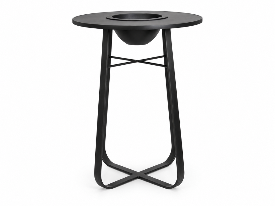 Mesa Bistrô para Área Externa com Champanheira Sardenha em alumínio Preto Fosco, com tampo redondo e champanheira central integrada.