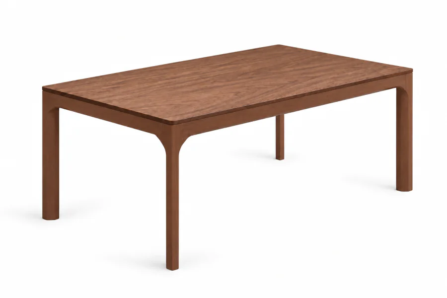 Mesa de Jantar Retangular Clark (4) Mesa de Jantar Retangular Clark com tampo em lâmina natural Nogueira e base em madeira maciça de Eucalipto com tingimento Nogueira, cantos arredondados e design contemporâneo, em fundo branco.