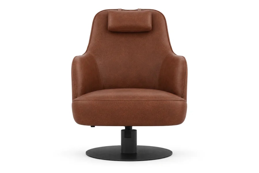 Poltrona Albany Poltrona Giratória Albany em Couro Natural Whisky, com encosto alto, apoio de cabeça, braços arredondados e base metálica Epóxi Preto, vista frontal.