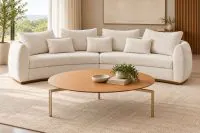 Sofá Curvo Ondara em Bouclé Off White, com base em madeira Natural Claro, acompanhado de mesa de centro redonda em sala de estar contemporânea com decoração em tons neutros.