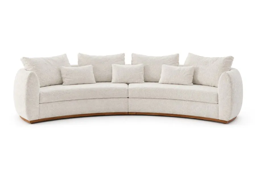 Sofá Curvo Ondara Sofá Curvo Ondara em tecido Bouclé Off White, com design orgânico, braços arredondados, assento bipartido, almofadas soltas e base de madeira Natural Claro.