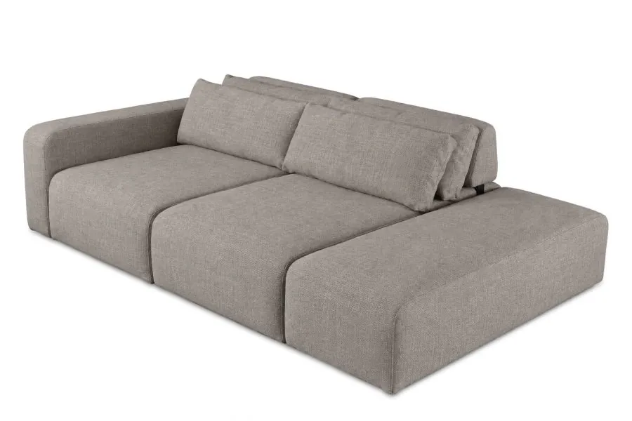 Sofá Ilha Modular Átrio Sofá Ilha Modular Átrio em Tecido Tramado Taupe Acinzentado com Toque de Linho, módulos amplos, formas arredondadas e almofadas soltas.